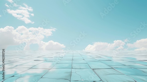 A cracked and reflective glass surface stretches towards a bright blue sky with scattered clouds, creating a surreal and futuristic scene that blends natural beauty with urban decay.