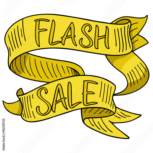 a yellow ribbon banner with the words "FLASH SALE" written on it in bold, black letters. The ribbon is artistically drawn with folds and curves, giving it a dynamic and eye-catching appearance