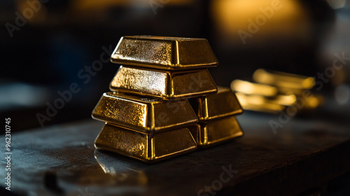 Gold bullion bars stacked on a dark surface, reflecting warm light in an industrial setting