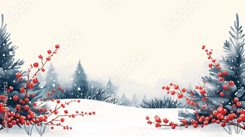 Winter scene with snow-covered trees and red berries framing the image. The soft snowfall adds a gentle holiday touch, perfect for Christmas designs or seasonal greeting cards