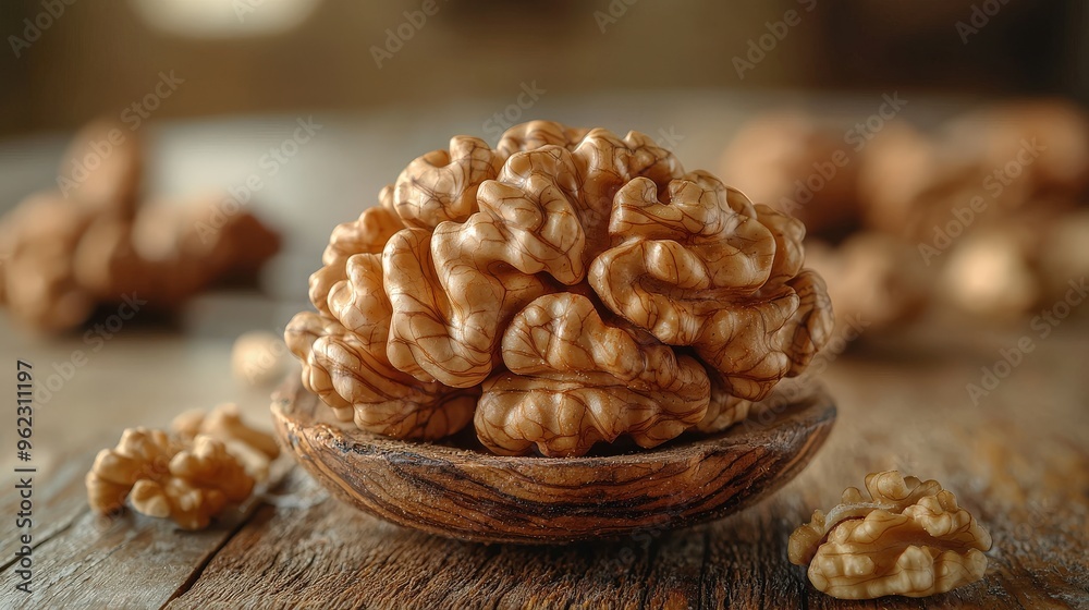 Close-up of walnuts shaped like a brain on a rustic wooden table, natural brain food, symbolic imagery. Photo realistic Close-up of walnuts shaped like a brain on a rustic wooden table, natural brain food, symbolic imagery. Photo realistic