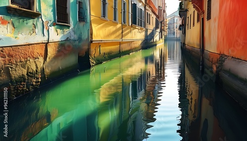 The peaceful waterway is lined with ancient buildings and colorful walls. The sun shines on the water, forming a beautiful reflection. #962311150