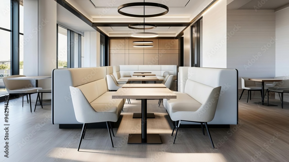 Co-working area with private booths, communal tables, and ergonomic furniture, balancing privacy and collaboration Co-working area with private booths, communal tables, and ergonomic furniture, balancing privacy and collaboration