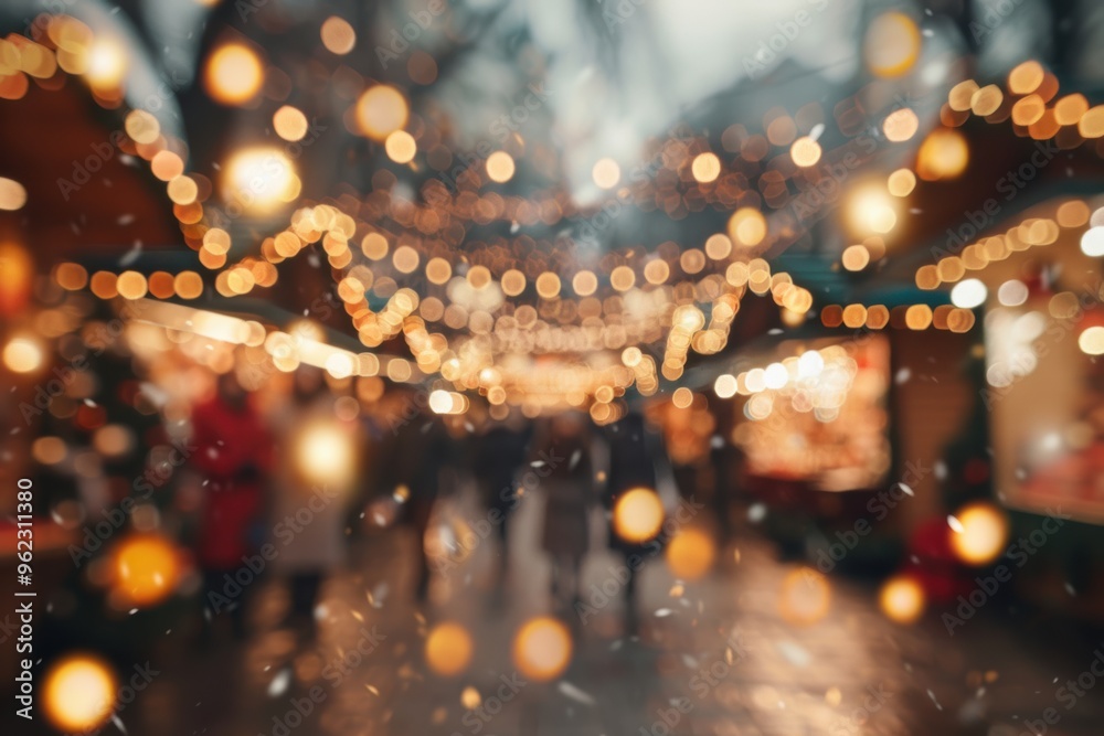 Abstract blurred Christmas market with glowing festive lights and holiday spirit