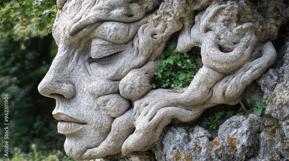 A Carved Stone Face Emerges from a Twisted Tree Trunk A Carved Stone Face Emerges from a Twisted Tree Trunk