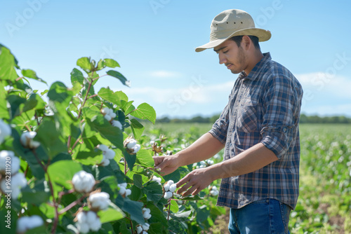 Photo of a young farmer inspecting cotton plants in a field, with a wide view of the field and bright, sunny weather
