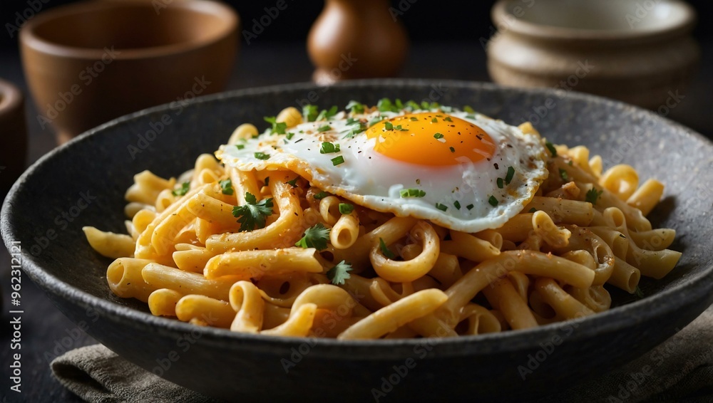 Bowl of macaroni noodles topped with a fried egg and flavorful sauce.