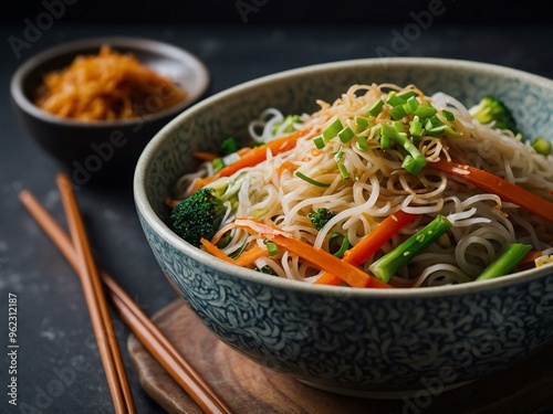 Bowl of vegetable rice noodles seasoned with soy sauce, with space for text or design.