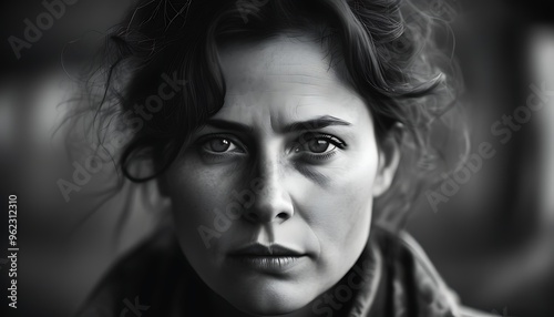 The black-and-white portrait shows the character's solemnity and deep thinking, the background is blurred, and the main body's demeanor and emotions are highlighted.