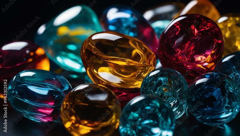 Bright glass pieces make a vivid contrast against a dark background. Bright glass pieces make a vivid contrast against a dark background.