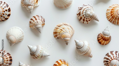 Sea shells on white background, viewed from above