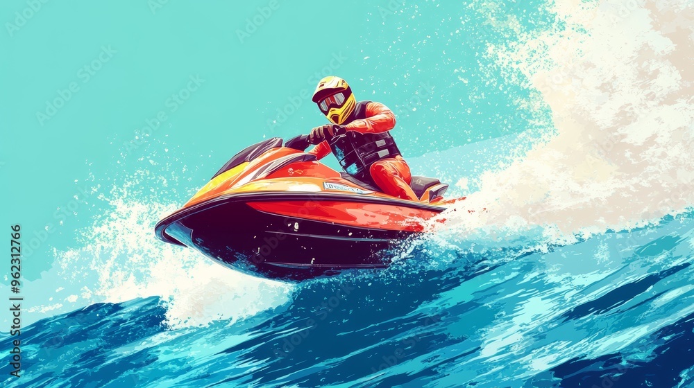 Illustration of a man riding a jet ski on the ocean, creating water splashes under a bright blue sky Illustration of a man riding a jet ski on the ocean, creating water splashes under a bright blue sky