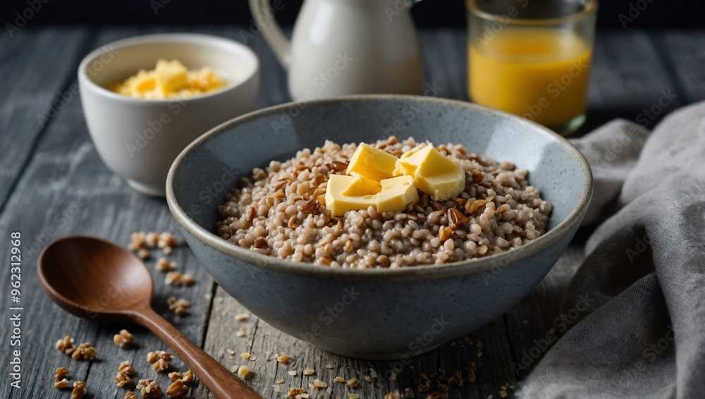 Buckwheat porridge with butter viewed from above on a gray wooden table, with space for text. Buckwheat porridge with butter viewed from above on a gray wooden table, with space for text.
