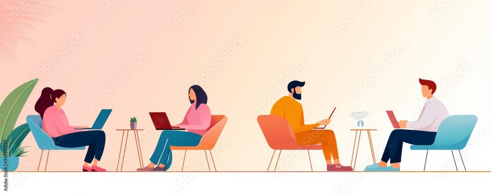 Digital nomads networking in a co-working space with high-speed Wi-Fi, comfortable seating, and a collaborative atmosphere Digital nomads networking in a co-working space with high-speed Wi-Fi, comfortable seating, and a collaborative atmosphere