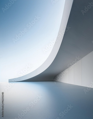 vertical image of 3D render of abstract futuristic architecture with empty concrete floor, product and car presentation background, copy space, Geometric structure design	

