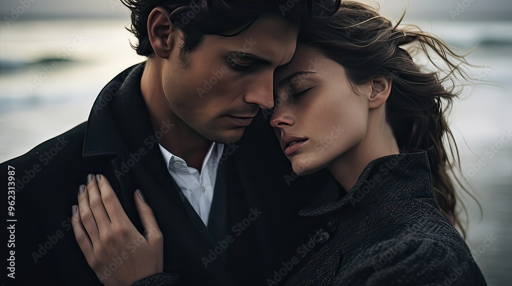 A man and woman have their heads hugged at an ocean A man and woman have their heads hugged at an ocean