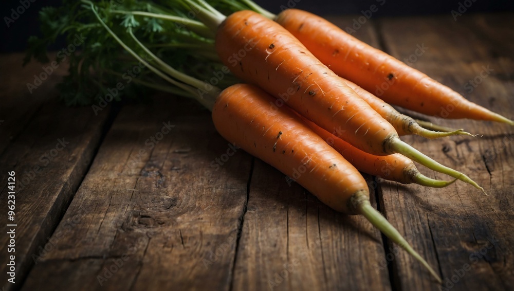 Carrots displayed on a wooden surface, with plenty of space for adding text. Carrots displayed on a wooden surface, with plenty of space for adding text.