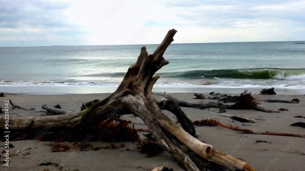 Tree branch at sea beach. beach at sunset. piece of an old root is lying in the sand of the beach Tree branch at sea beach. beach at sunset. piece of an old root is lying in the sand of the beach