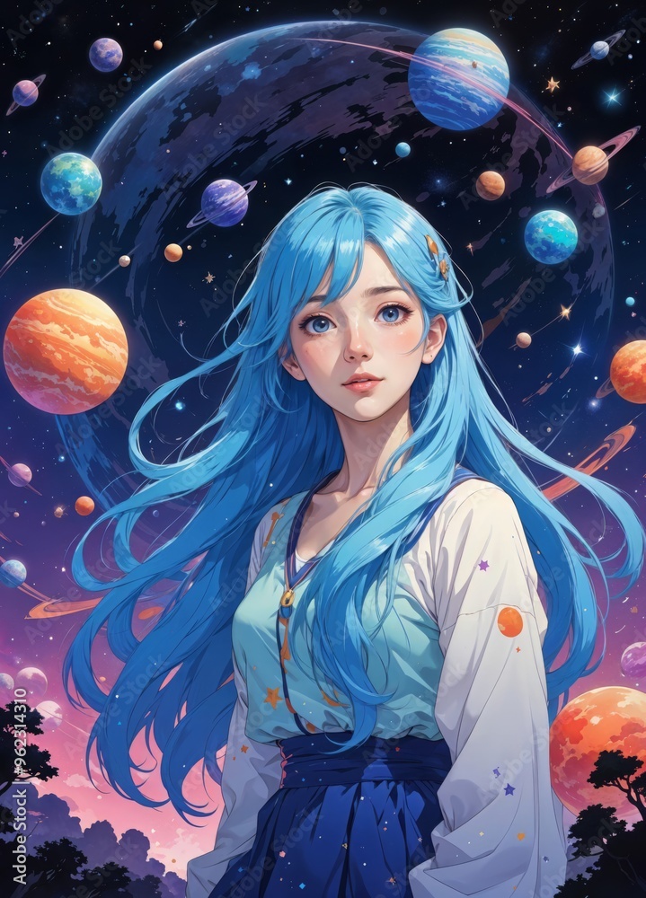A Dreamy Cosmic Portrait of a Young Woman Surrounded by Colorful Planets in Outer Space