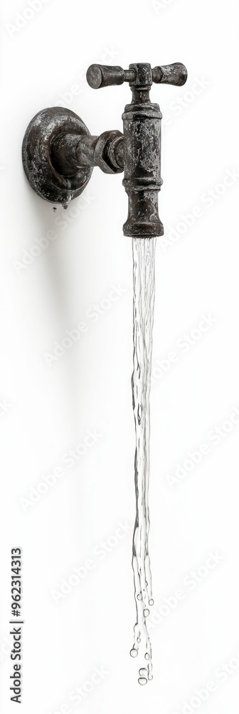 Antique garden faucet with water flow against a white background. Generative ai Antique garden faucet with water flow against a white background. Generative ai