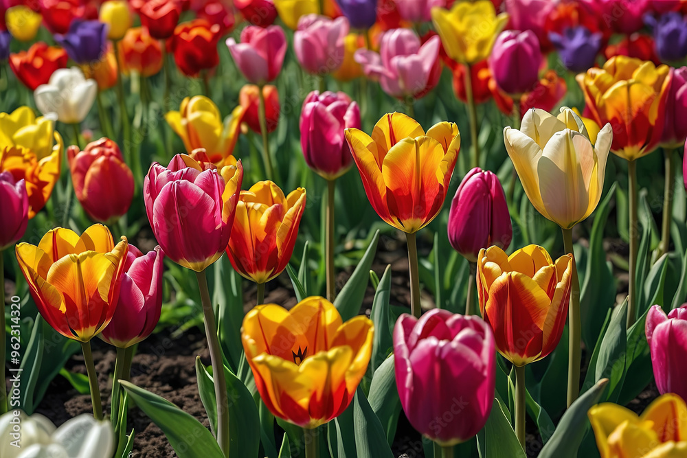 a colourful field of tulips in full bloom, with vivid hues a colourful field of tulips in full bloom, with vivid hues