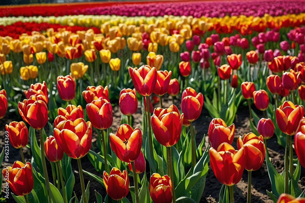 Fototapeta premium a colourful field of tulips in full bloom, with vivid hues