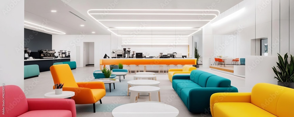 Modern co-working lounge with comfortable seating, coffee stations, and vibrant decor, promoting relaxation and networking Modern co-working lounge with comfortable seating, coffee stations, and vibrant decor, promoting relaxation and networking