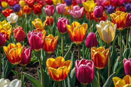 a colourful field of tulips in full bloom, with vivid hues