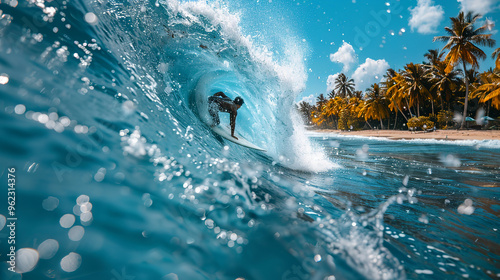 Fototapeta Naklejka Na Ścianę i Meble -  A man surfing the blue waves with a tropical island in the background