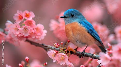 Eastern Bluebird (Sialia sialis) on Cherry Blossom Background