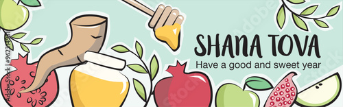 Rosh hashanah, shana tova banner. Jewish holiday Rosh Hashanah with pomegranate and apple fruits.