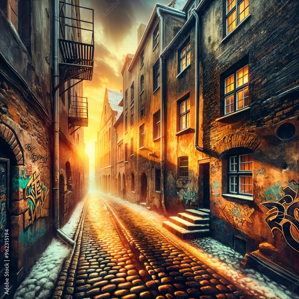 Fototapeta premium A narrow cobblestone street is flanked by old buildings adorned with graffiti, bathed in warm, golden sunlight. The vibrant colors contrast with the snow patches lining the pathway, (Gen, A.I.)
