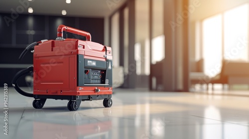 A red industrial power generator sits in a modern, spacious interior bathed in warm sunlight. The machine's sturdy design and vibrant color contrast with the sleek environment, highlighting its