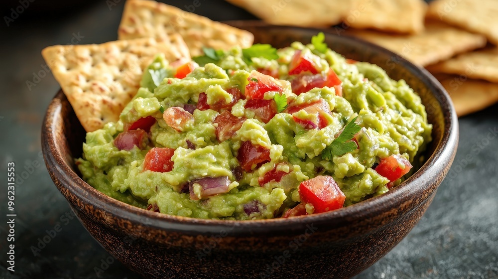 Bowl of fresh guacamole with a side of whole grain crackers, brain-boosting snack, healthy and delicious. Photo realistic Bowl of fresh guacamole with a side of whole grain crackers, brain-boosting snack, healthy and delicious. Photo realistic