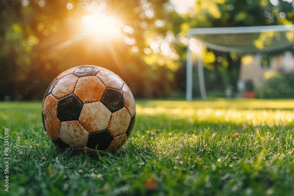 Fototapeta premium Old Soccer Ball on Grass Field at Golden Hour