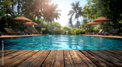 A wooden table with a swimming pool in the background