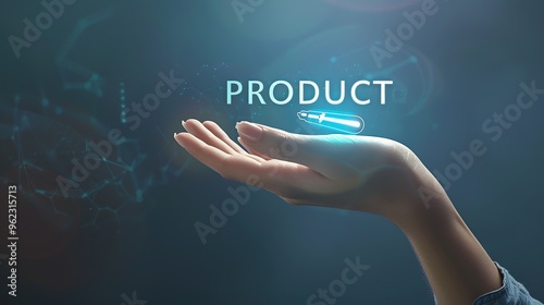 female hand holding a hologram inscription, product