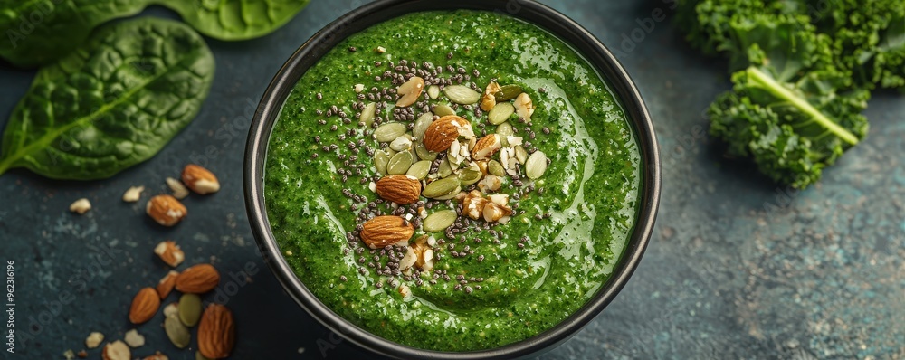 Fresh spinach and kale smoothie bowl topped with nuts and seeds, brain-boosting meal, vibrant and healthy. Photo realistic Fresh spinach and kale smoothie bowl topped with nuts and seeds, brain-boosting meal, vibrant and healthy. Photo realistic