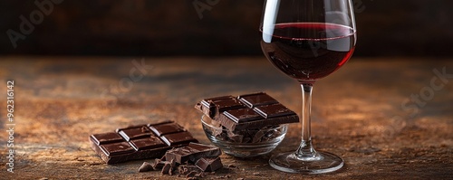 Glass of red wine with a side of dark chocolate, brain-boosting treat, rich in flavonoids. Photo realistic