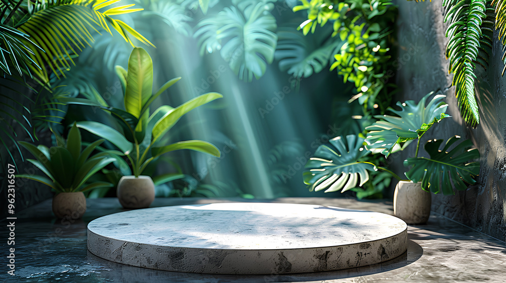 White marble podium in tropical garden. 3d render illustration mock up White marble podium in tropical garden. 3d render illustration mock up