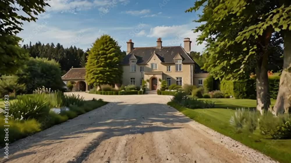 Large farm country house with gravel driveway and green landscape Large farm country house with gravel driveway and green landscape