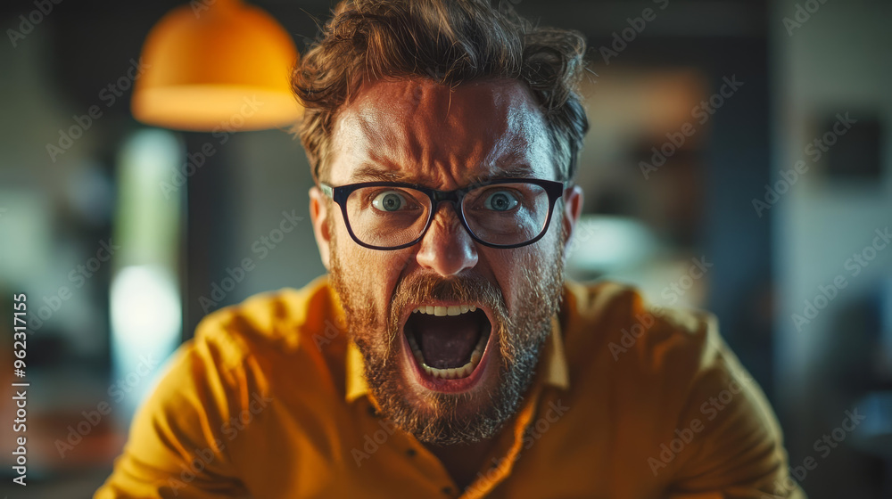Angry man expressing frustration in modern indoor setting Angry man expressing frustration in modern indoor setting