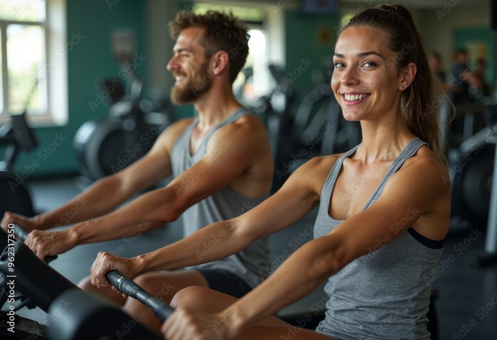 Energetic Couple Enjoying a Workout Together in a Modern Gym Environment Energetic Couple Enjoying a Workout Together in a Modern Gym Environment