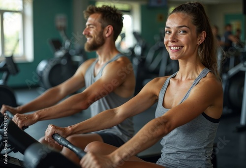 Energetic Couple Enjoying a Workout Together in a Modern Gym Environment