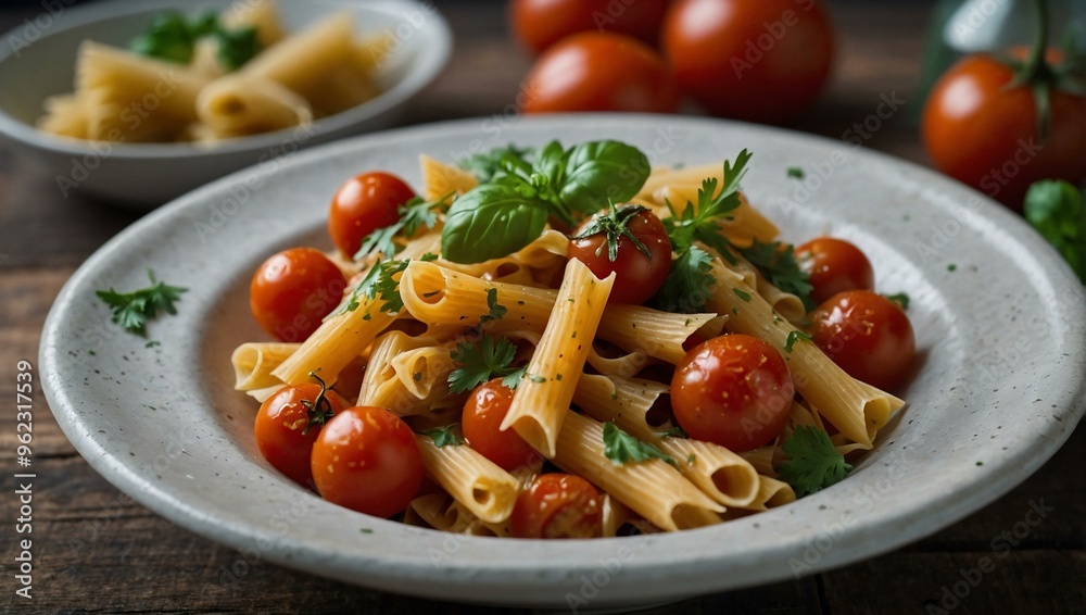 Close-up of pasta with tomato and parsley in a white bowl on a wooden board. Close-up of pasta with tomato and parsley in a white bowl on a wooden board.
