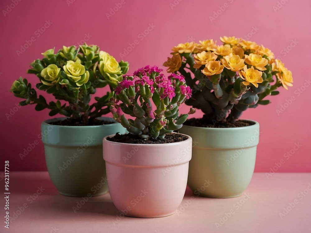 Close-up of three vibrant pots of kalanchoe plants with flowers against a trendy pink background, featuring space for text or design. Close-up of three vibrant pots of kalanchoe plants with flowers against a trendy pink background, featuring space for text or design.