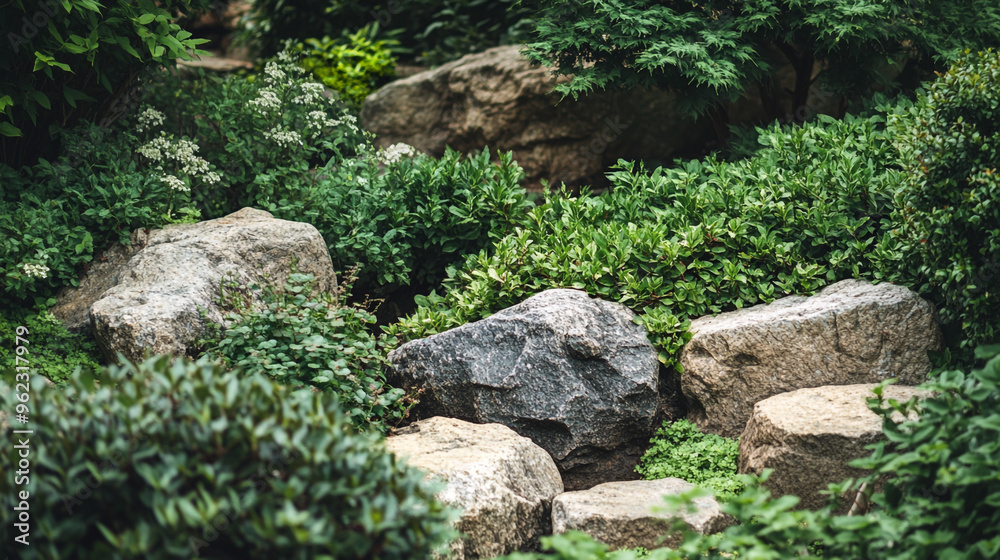 Lush garden featuring a variety of green plants and textured stones amidst a serene landscape during the late afternoon Lush garden featuring a variety of green plants and textured stones amidst a serene landscape during the late afternoon