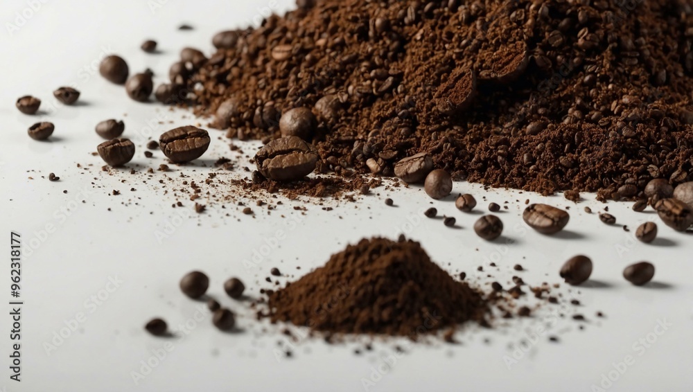 Coffee grounds arranged on a white background, providing space for text or design. Coffee grounds arranged on a white background, providing space for text or design.