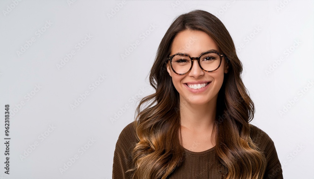 Fototapeta premium Smiling Woman with Brown Hair and Tortoise-Shell Eyeglasses on White Background