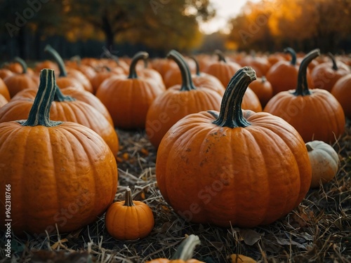 Colorful Halloween pumpkins positioned in an autumn setting.